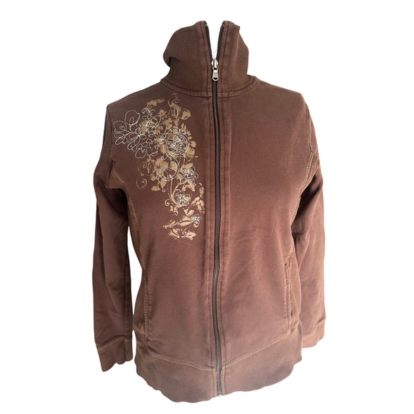 St. John's Bay Tops - y2k St Johns Bay Women Floral Embroidered Zip Up Hoodie Sweatshirt M Brown